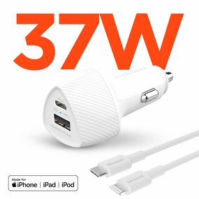 Speedboost 25W Usb-C Pd   12W Usb Fast Car Charger With Pps | Includes 4Ft Mfi Lightning Cable | White Instant Savings Deal Clearance Event Alert