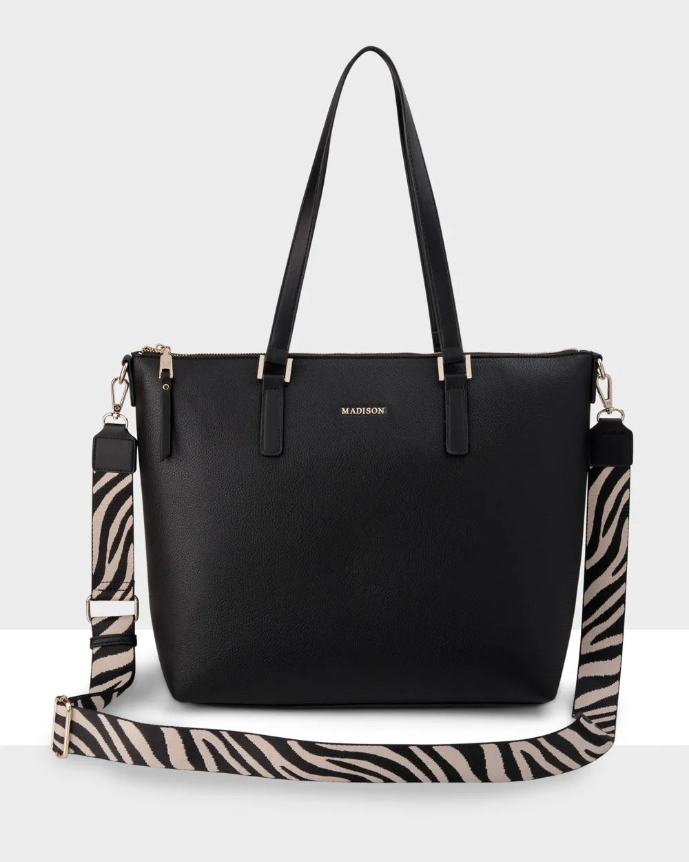 Inga Large Zip Top Tote Bag With Laptop Pocket   Zebra Bag Strap Instant Hot Deal