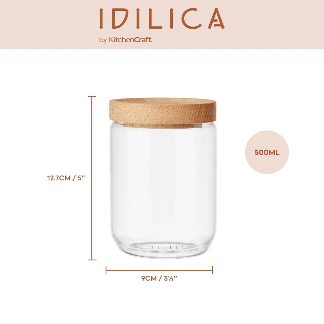 KitchenCraft Idilica 500Ml Glass Storage Jar With Beechwood Lid