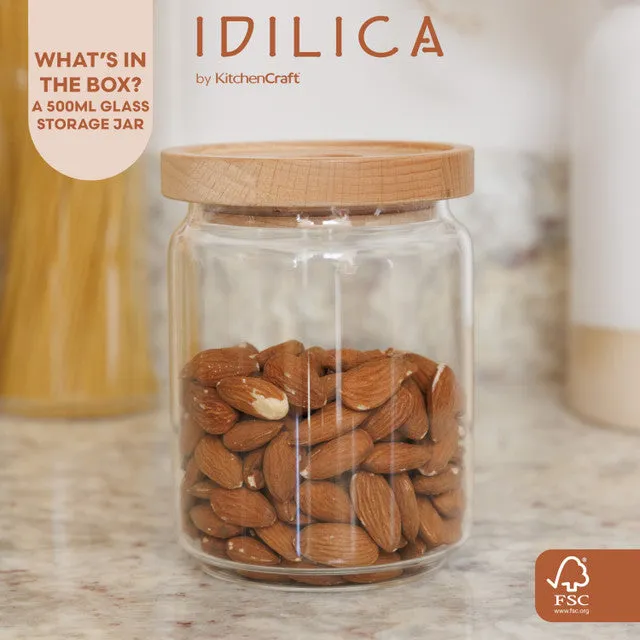 KitchenCraft Idilica 500Ml Glass Storage Jar With Beechwood Lid