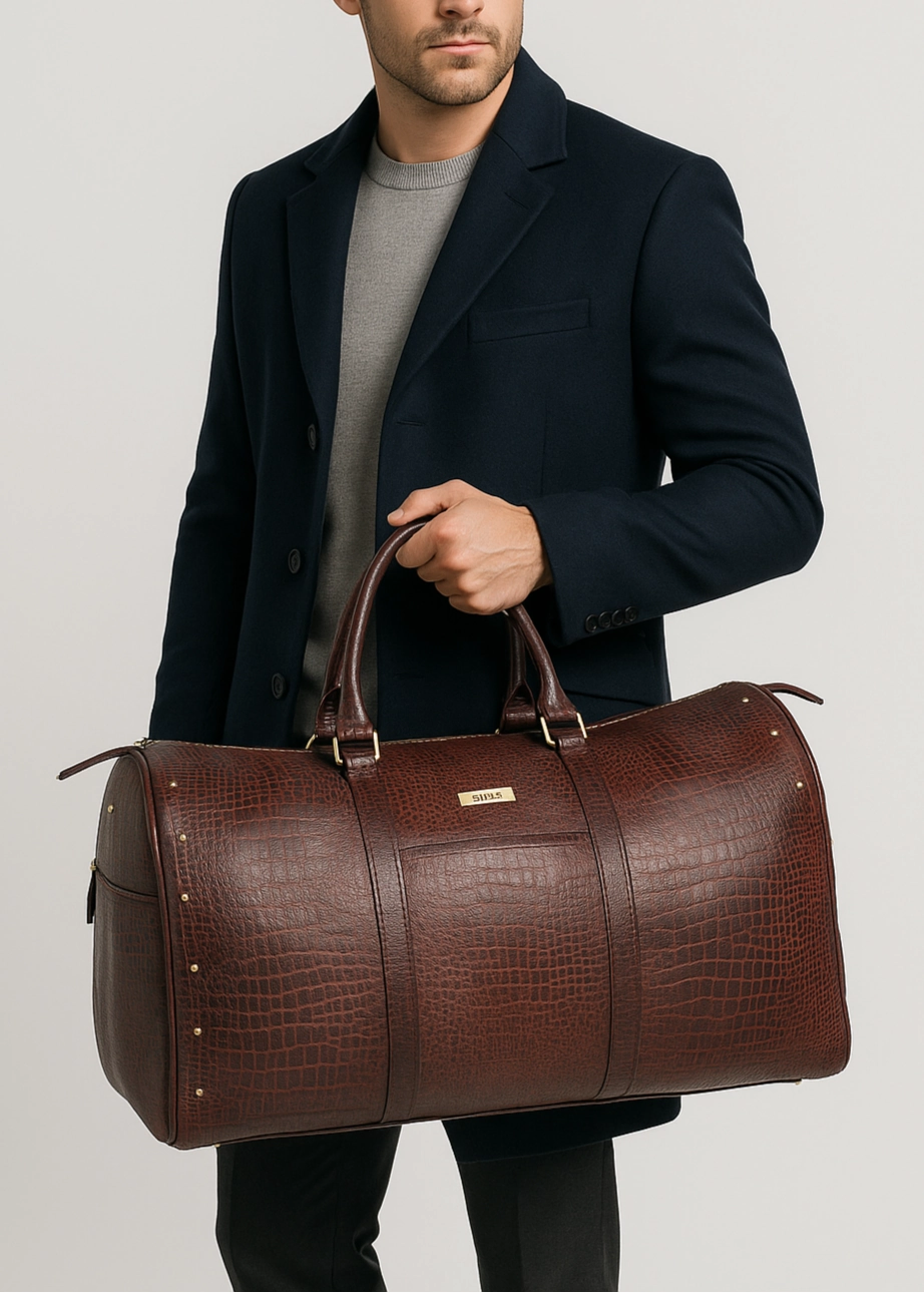 Hot Discount Deal Alfred- Maroon Leather Croc Print Duffel Bag
