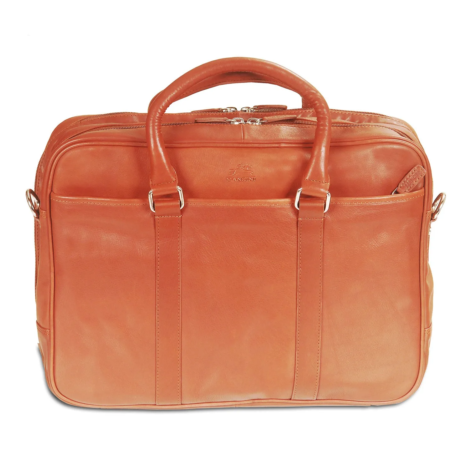 Mancini Leather Double Compartment Zippered Briefcase For 15.6" Laptop / Tablet, 15.5" X 4.25" X 11.25", Cognac EndofWeek Deals