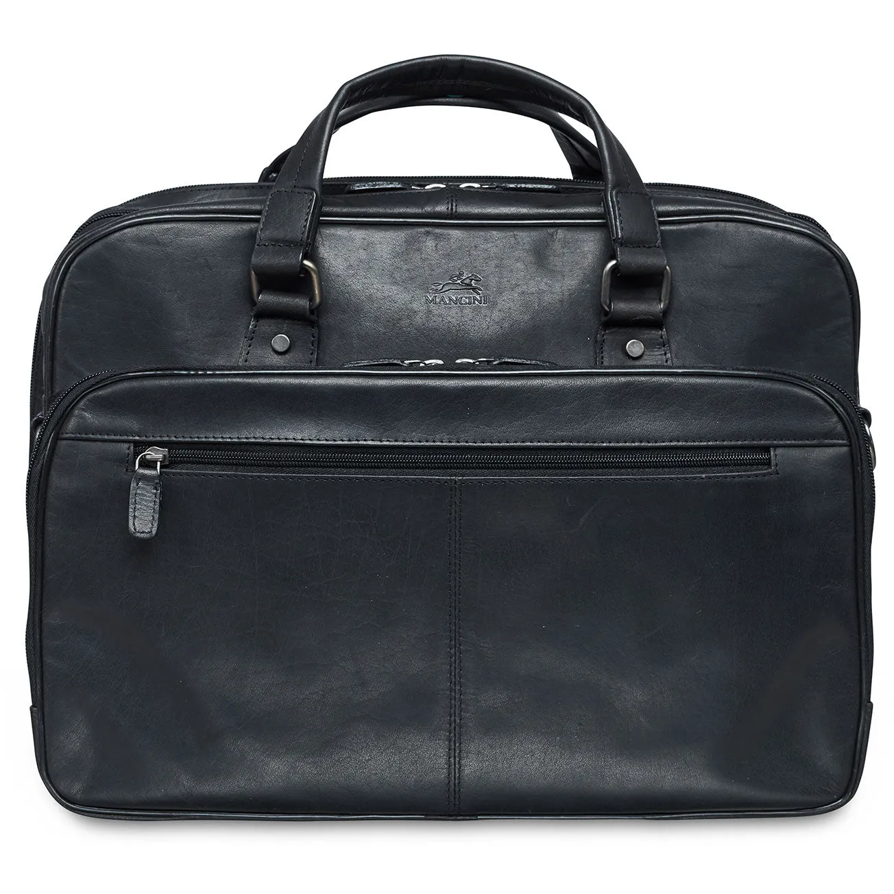 Clearance Blowout Mancini Leather Expandable Double Compartment Briefcase For 15.6'' Laptop / Tablet, 16.25" X 5.25" X 12", Black
