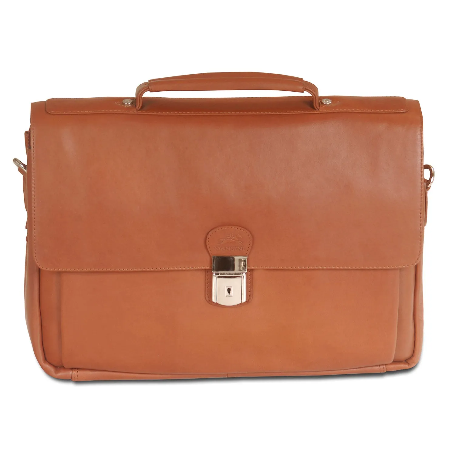 Special Price Offer Mancini Leather Triple Compartment Flap Briefcase For 15" Laptop / Tablet, 15" X 4.25" X 10.25", Cognac
