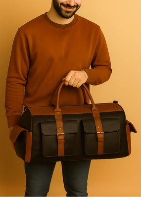 Blue & Brown 4 Pocket Leatherette Duffle / Luggage Bag Limited Stock Alert Exclusive Online Discount