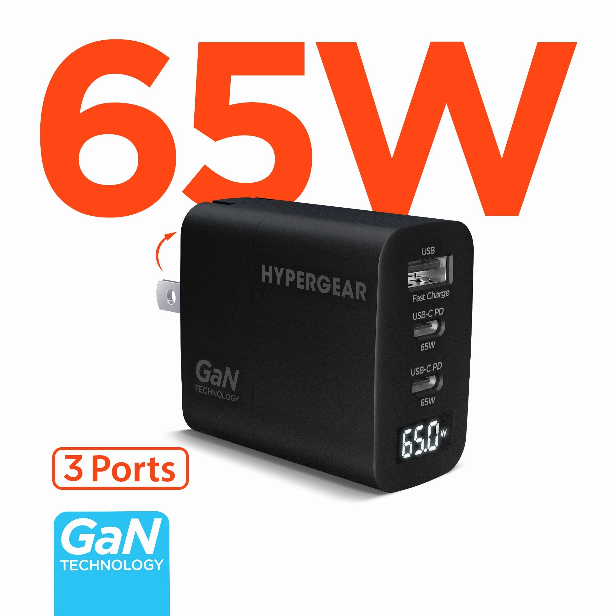 Todays Special Picks Instant Hot Deal Speedboost 65W Usb-C Pd Tri-Port Gan Laptop Charger With Pps And Digital Display | Black
