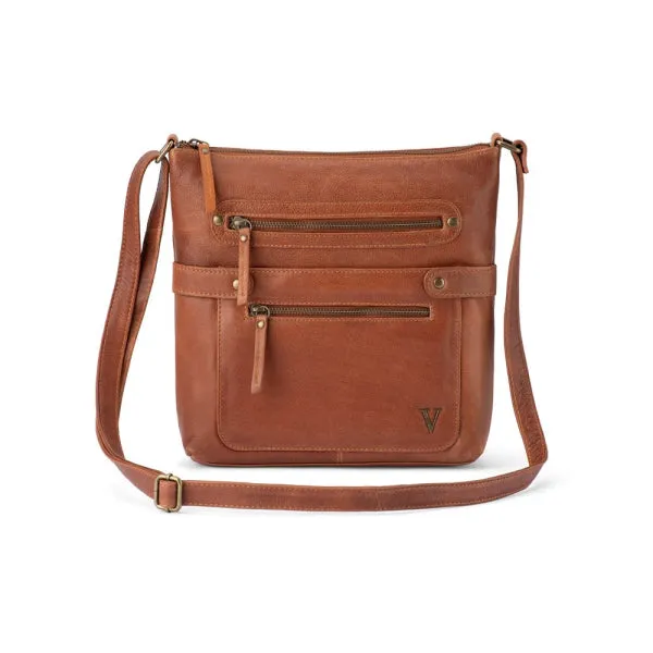 Verona - Vcb-004 Leather Top Zip Shoulder Bag Front Pockets - Cognac Flash Sale Alert