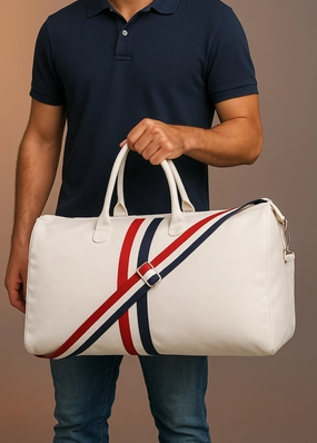 White Duffel / Luggage Bag With Red And Blue Stripes Clearance Blowout